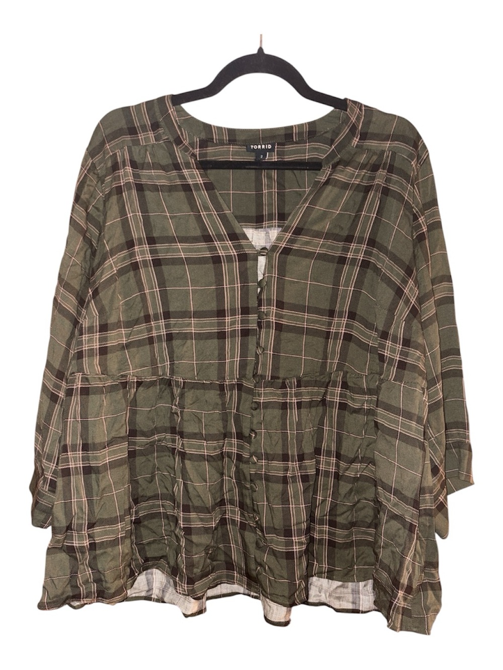 Torrid Size 2 Olive Green Plaid Babydoll Tunic Top Button Front 3/4 Sleeve